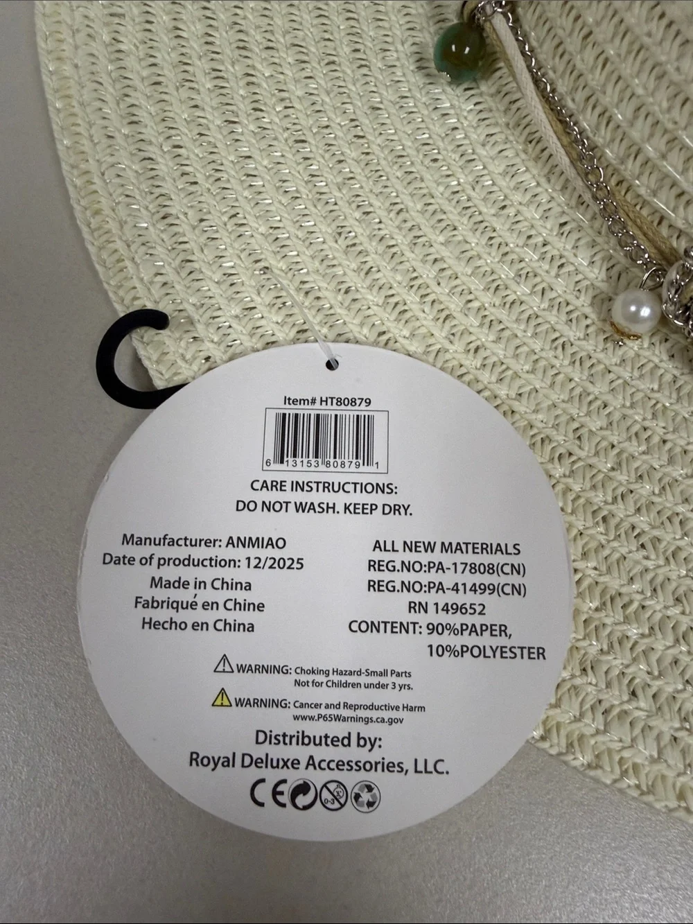 ROYAL Ivory Beaded Silver Tone Chain Triple Cord Tie Coastal Boho Straw Sun Hat